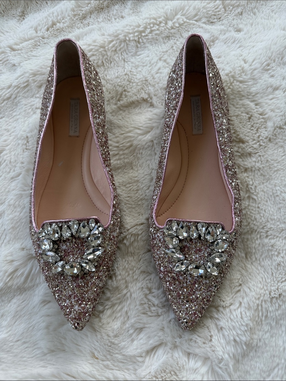 Tara Grinna Embellished Pink Glitter Pointed Toe Flats with Hardware sz 8.5